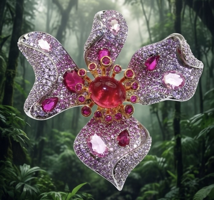 Exotic Flower - RARE FINDING - 7.7 carat Authentic Ruby 22k Gold over .925 Sterling Silver handcrafted Pendant Brooch - Front view of exotic flower-shaped ruby jewelry in a forest setting.