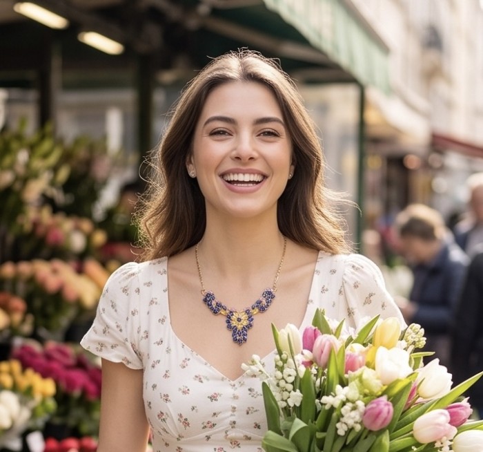 Luxurious Oval cut 10.5 carat Sapphire Yellow Sapphire 18K Gold over .925 Sterling Silver handcrafted necklace - Sapphire necklace worn, front view, with flowers in hand.