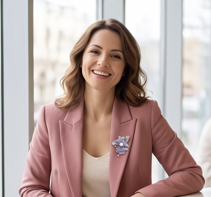 Black Label Collection - Retro Style - Rose Genuine Pearl 7.5 carat pave Amethyst .925 Sterling Silver dipped in rhodium handmade Pendant - Brooch - Woman wearing rose jacket with pearl brooch, angled front view.