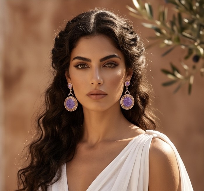 Divine Protection 12.9 carat natural Fancy crashed Amethyst 18K Rose Gold over .925 Sterling Silver Handcrafted earrings - Woman wearing Divine Protection Amethyst earrings, front view.