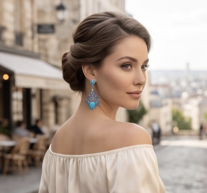 Pacifica - 14.4 carat Sleeping Beauty Turquoise 4.8 carat Swiss Blue Topaz .925 Sterling Silver handmade Statement Earrings - Side view of Pacifica earrings with turquoise stones worn by a woman.