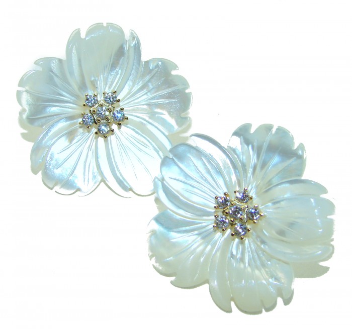 Genuine Blister Pearl lab grown Diamond 18K Gold over .925 Sterling Silver handcrafted Large Statement Earrings - photo 4