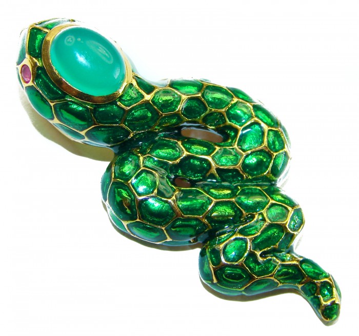 INCREDIBLE Natural Jade Enamel Snake 14K Gold over .925 Sterling Silver brilliantly handcrafted Pendant - photo 2
