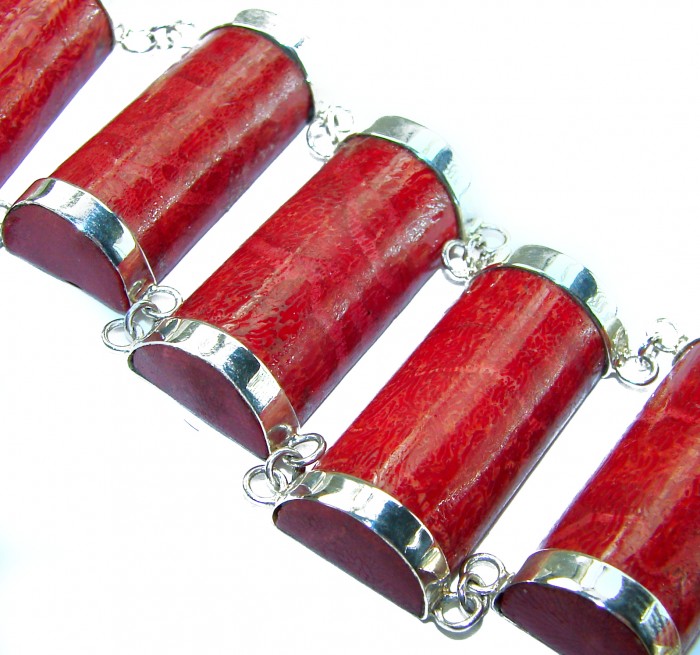 Precious Red Fossilized Coral .925 Sterling Silver handcrafted Large Bali Bracelet - photo 1