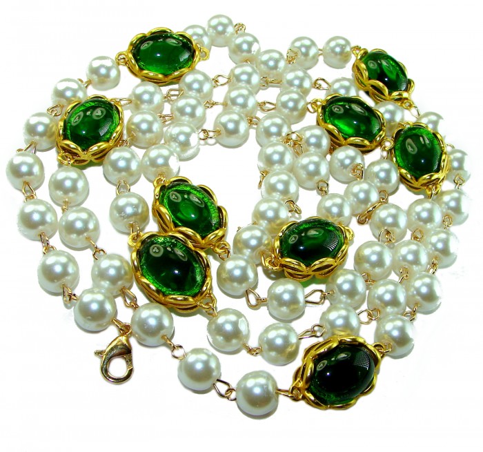 Incredible 48 inches long Freshwater Pearl 10K Gold over .925 Sterling Silver handmade Necklace - Top view of pearl necklace with green stones and gold accents.