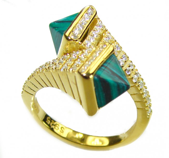Outstanding authentic 5.9 carat Malachite 18K Gold over .925 Sterling Silver handcrafted ring size 6 - Side view of 18K gold ring with 5.9 carat malachite and diamonds.