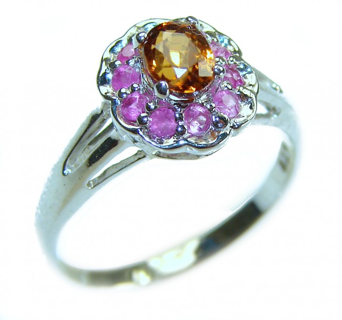 Blooming Rose 1.5 carat Orange Sapphire .925 Sterling Silver handmade Statement ring; s. 8 - Close-up of Blooming Rose ring with orange sapphire and pink accents