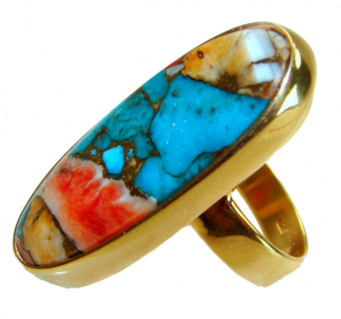 Rare 29.5 carat Oyster Turquoise 18K Gold over .925 Sterling Silver handcrafted Large ring; s. 7 adjustable - Close-up of 29.5 carat Oyster Turquoise ring in 18K Gold over Sterling.