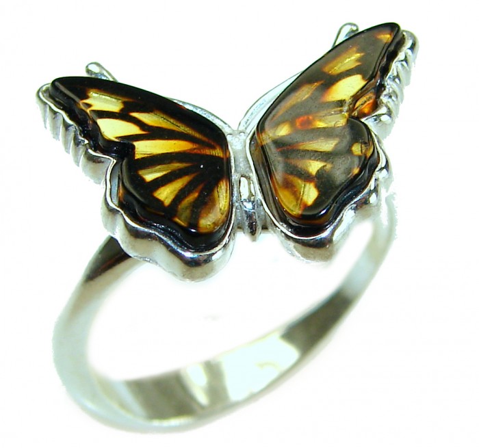 Butterfly Authentic Baltic Amber .925 Sterling Silver handcrafted ring; s. 7 adjustable - Butterfly ring with Baltic amber, silver, front angle.
