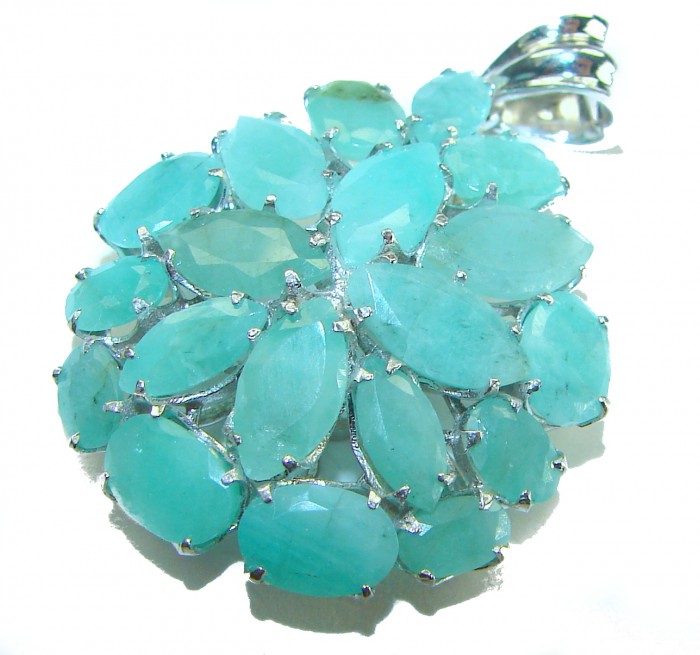Spectacular 29.8 carat authentic Colombian Emerald .925 Sterling Silver handcrafted Pendant - Close-up of Colombian emerald cluster pendant with silver prongs.