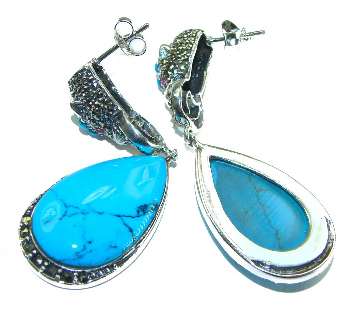 Great authentic Sleeping Beauty Turquoise .925 Sterling Silver handcrafted STATEMENT Earrings - Close-up of Sleeping Beauty Turquoise earrings in .925 Sterling Silver