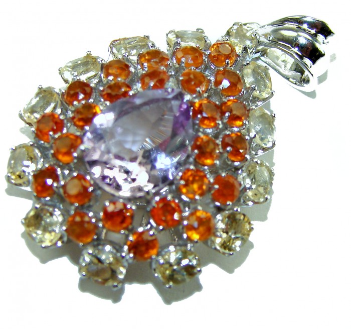 Tiffany - 15.5 carat Pink Amethyst rhodium over .925 Silver handcrafted Statement Pendant - Pendant close-up with pink amethyst and colorful gemstones.
