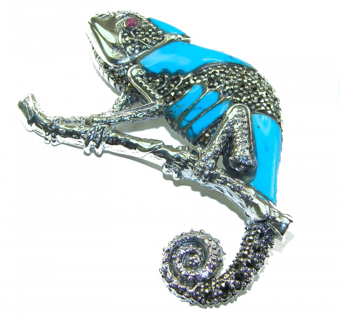 Spectacular Big Chameleon Lizard inlay Turquoise .925 Sterling Silver handmade Brooch - Chameleon lizard brooch inlay turquoise, side view, sterling silver.