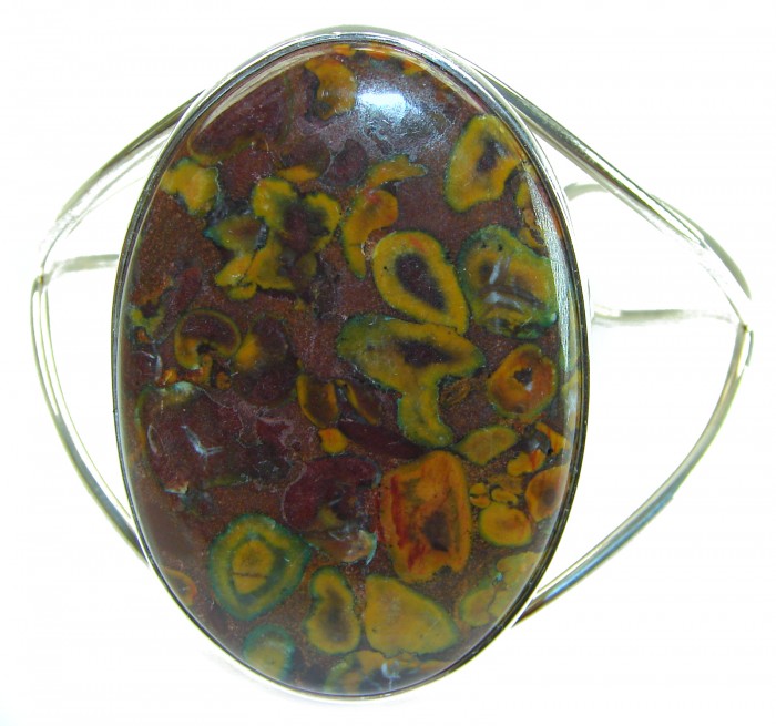 Excellent quality Leopard Skin Jasper .925 Sterling Silver handcrafted Statement Bracelet / Cuff - Leopard skin jasper bracelet in sterling silver, stone close-up.