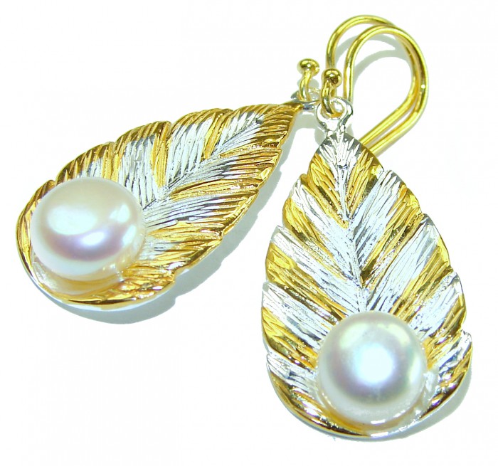 Sublime Blister Pearl 14K Gold over .925 Sterling Silver handcrafted Earrings - Leaf-shaped gold and silver earrings with pearls, top view.