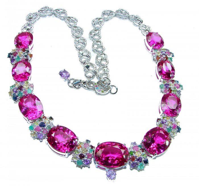 Tiffany - Magnificent 183.5 carat Pink Sapphire .925 Sterling Silver handcrafted Large Statement necklace - Necklace close-up; pink sapphires and gemstones in silver setting.