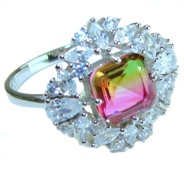 4.8 carat Brazilian Tourmaline .925 Sterling Silver Perfectly handcrafted Ring s. 8 1/4 - Close-up of a Brazilian Tourmaline ring with diamond accents.