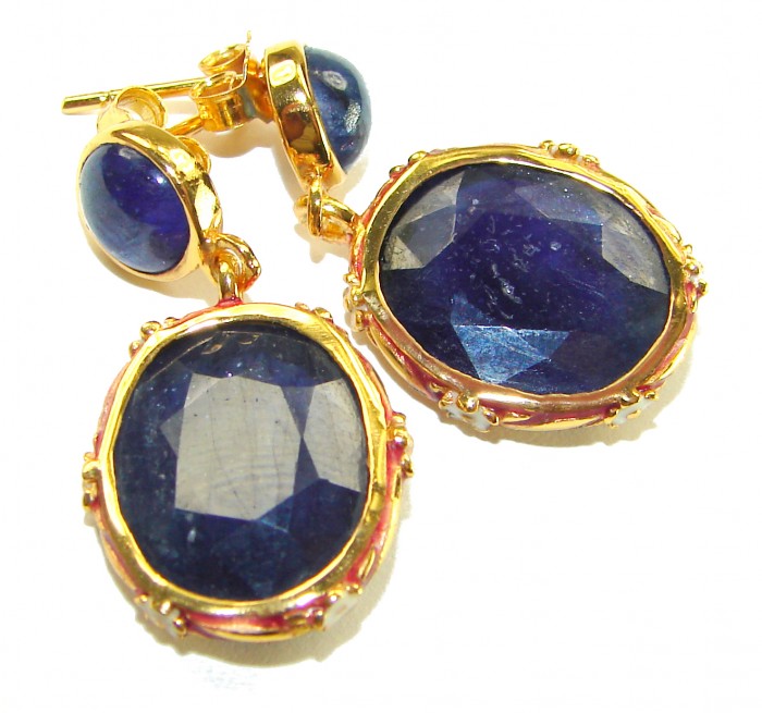 Gabriella 15.2 carat authentic Sapphire enamel .925 Sterling Silver dipped in 22K Gold handcrafted Statement earrings - Blue sapphire earrings with gold trim, front view close-up.