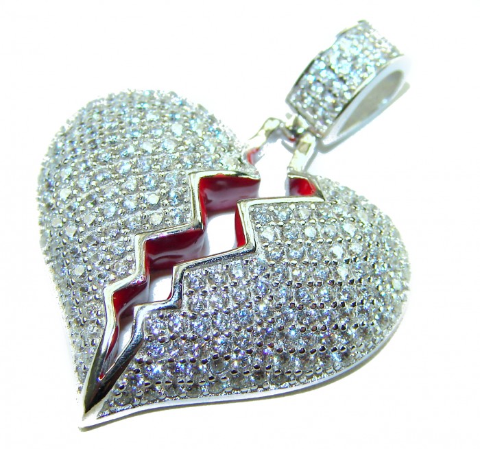 Broken Heart Luxurious 12.4 carat White Topaz .925 Sterling Silver handcrafted pendant - Close-up of broken heart pendant with white topaz pavé details.