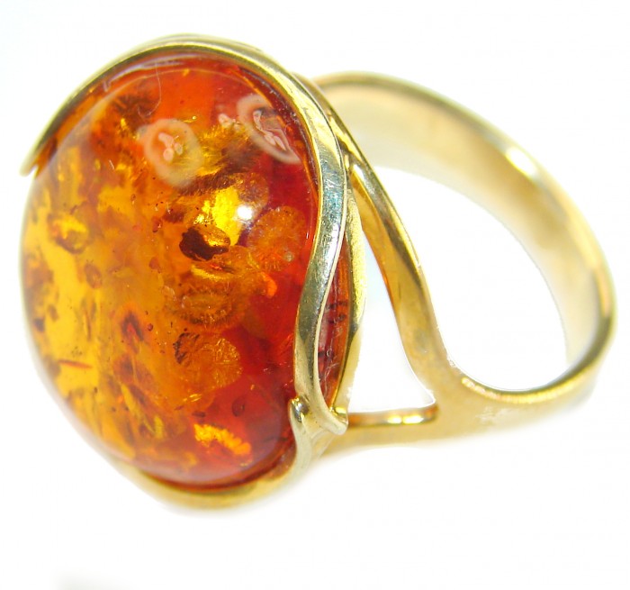 Beauty of the Sea - Natural Baltic Amber 14K Gold over .925 Sterling Silver handcrafted ring; s. 7 adjustable - Close-up of Baltic amber ring with 14K gold band
