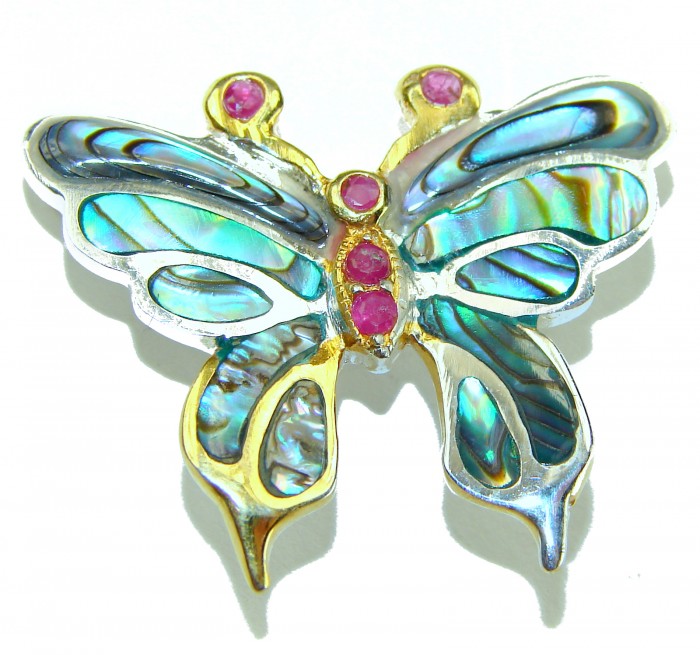 BUTTERFLY Natural Rainbow Abalone .925 Sterling Silver handmade Pendant - Butterfly abalone brooch, top view, sterling silver with pink stones.