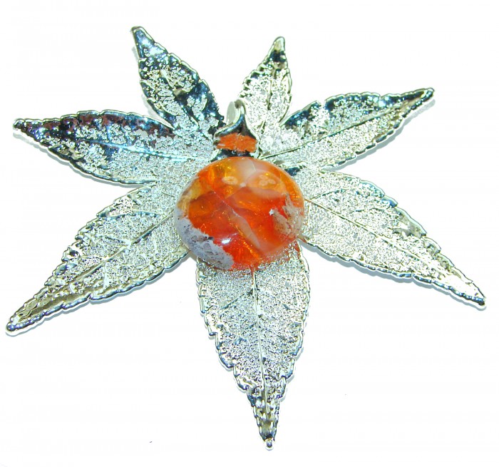 REAL Leaf dipped in sterling silver 22.2 Golden Mexican Fire Opal & .925 Sterling Silver Pendant - Silver leaf pendant with orange stone, top view.