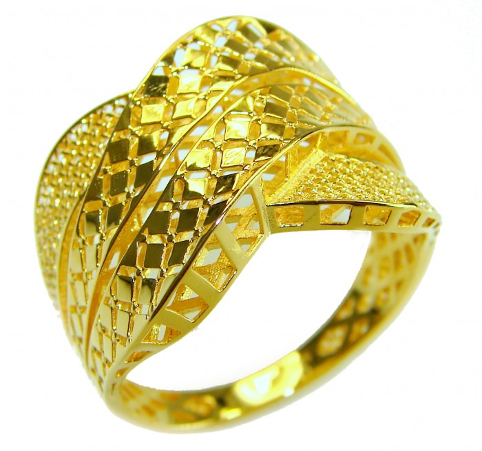 Dubai Style - .925 Sterling Silver dipped in 22K Gold handmade Large ring size 10 - Gold-plated ring with intricate design, angled side view.