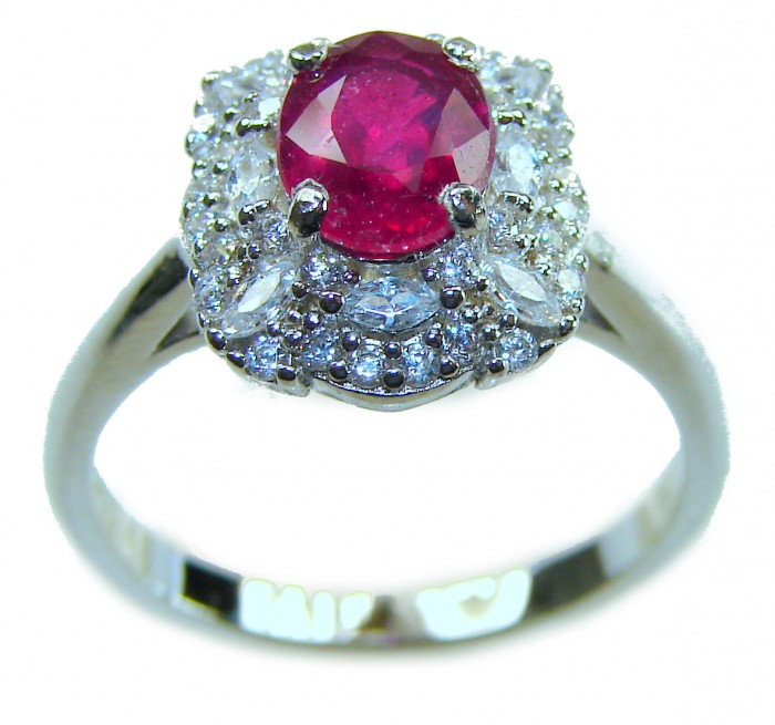 Authentic Ruby .925 Sterling Silver brilliantly handcrafted ring s. 6 3/4 - Ruby and diamond ring on .925 silver, front angle view.