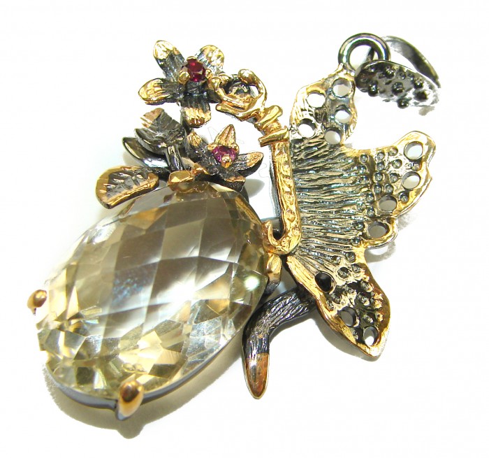 Dramatic design - Green Ivy 21.5 carat Green Amethyst - Prasolite .925 Sterling Silver dipped in black rhodium handcrafted pendant - Butterfly and flower pendant with green amethyst, side view.