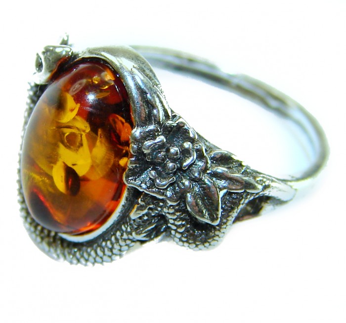 Snake Authentic Baltic Amber .925 Sterling Silver handcrafted ring; s. 5 1/4 - Side view of snake-themed amber and sterling silver ring.