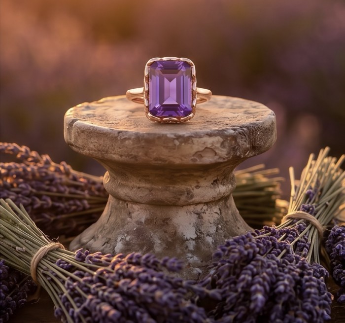 Purple Royalty 14.5 carat Amethyst .925 Sterling Silver dipped in 18K Gold Handcrafted Ring size 9 1/4 - Amethyst ring close-up on stone pedestal with lavender in background