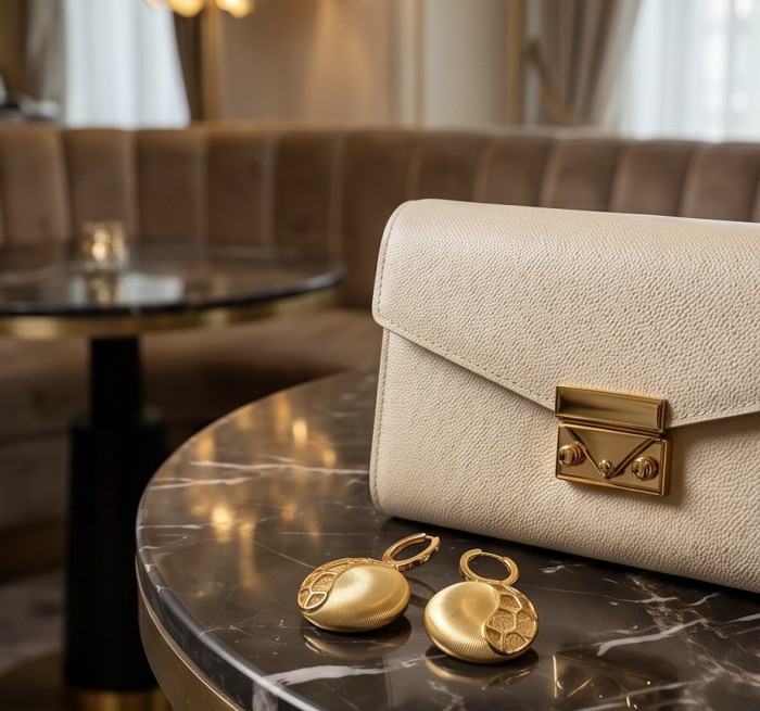 Dubai Style - Golden SPHERES .925 Sterling Silver dipped in 22K Gold handmade Large Earrings - Gold earrings and cream clutch on marble table, side view.