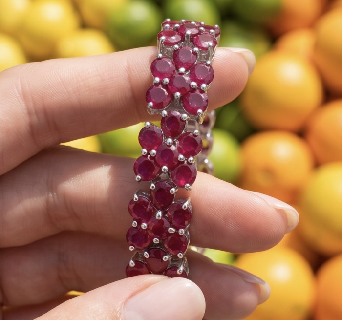 Giuseppina - Magnificent 42.3 carat authentic Ruby rhodium over .925 Sterling Silver handcrafted Bracelet - Close-up of Giuseppina Ruby bracelet held between fingers.