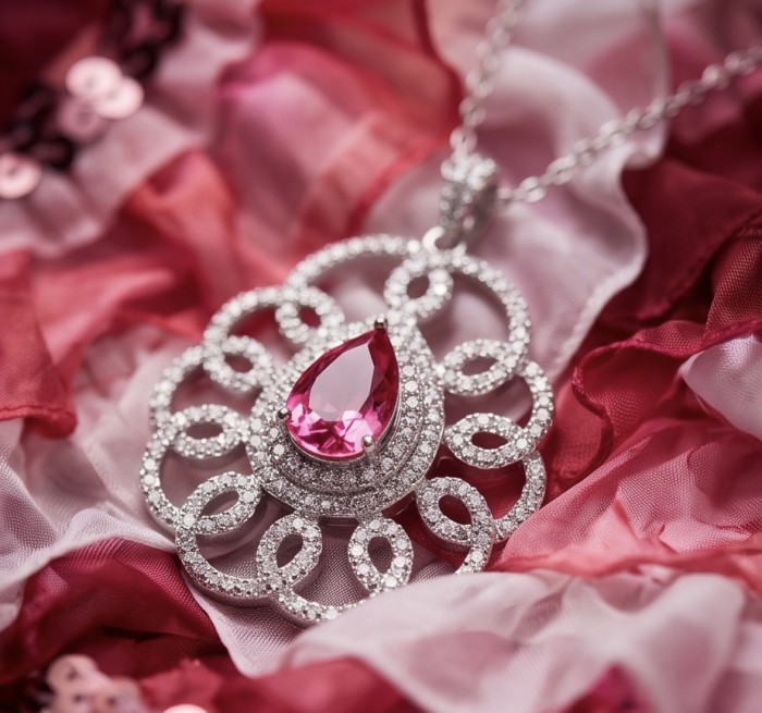 Giovanna - Magnificent Jewel 6.8 carat Ruby .925 Sterling Silver handcrafted incredible Statement Necklace - Close-up of Giovanna pendant with 6.8 carat ruby on pink fabric backdrop.