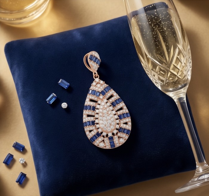 Julietta 7.5 carat genuine pave Sapphire .925 Sterling Silver dipped 18K Rose Gold handmade Pendant - Sapphire pendant on velvet with champagne, stones, and diamonds around.