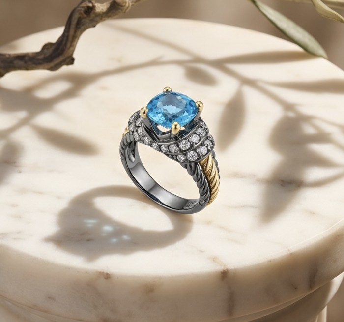 Nautilus 4.8 carat London Blue Topaz black rhodium 18K Gold over .925 Sterling Silver handcrafted Ring size 7 1/2 - Side view of Nautilus ring, London Blue Topaz and diamond accents.