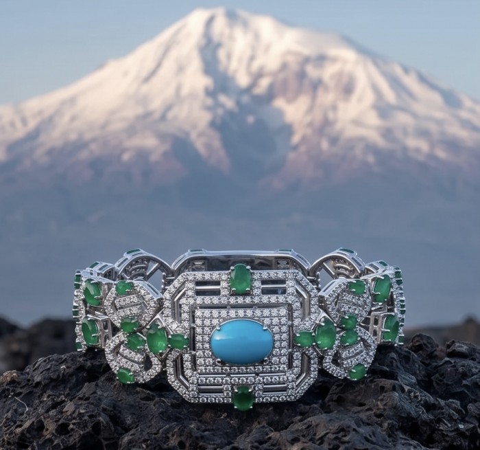 Art Deco - Pacifica - 98.4 carat Turquoise Emerald .925 Sterling Silver handmade Statement Bracelet - Art Deco bracelet with turquoise and emeralds, mountain backdrop.