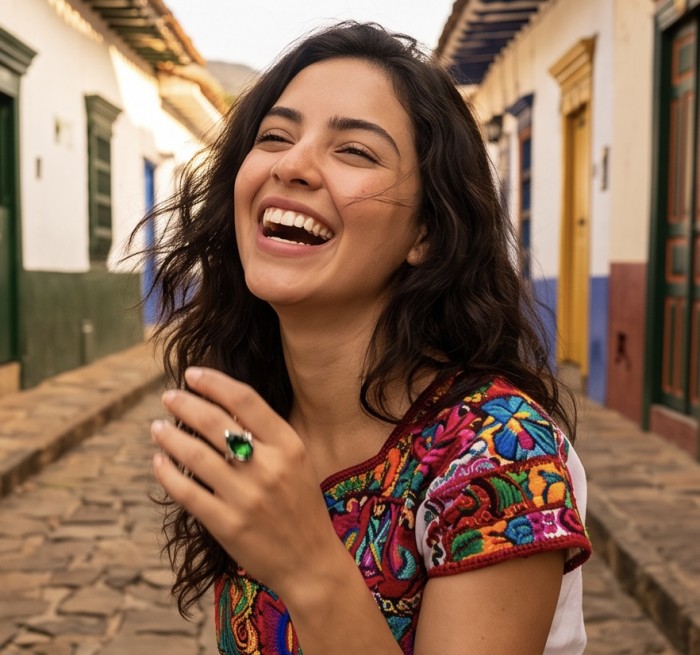 Very Rare! Exotic Beauty pearl cut 29.5 carat Helenite .925 Sterling Silver handmade Ring s. 6 - Helenite ring worn on hand, street backdrop, woman laughing.