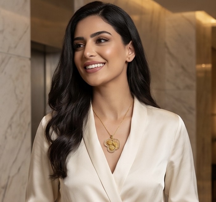 Dubai Style - Golden Rose .925 Sterling Silver dipped in 22K Gold handmade Pendant - Woman wearing Dubai Style Golden Rose pendant, side view.