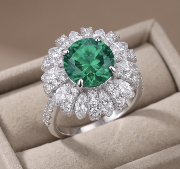 Estelle - Authentic 10.6 carat COLOMBIAN EMERALD .925 Sterling Silver dipped in rhodium handcrafted Ring size 6 1/4 - Close-up of Estelle ring with Colombian emerald and diamonds in a box.