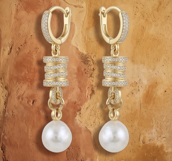 Luxurious Genuine Pearl 0.4 CARAT lab grown Diamond 18K Gold over .925 Sterling Silver handcrafted Statement Earrings - Gold and diamond earrings with pearls, front view.