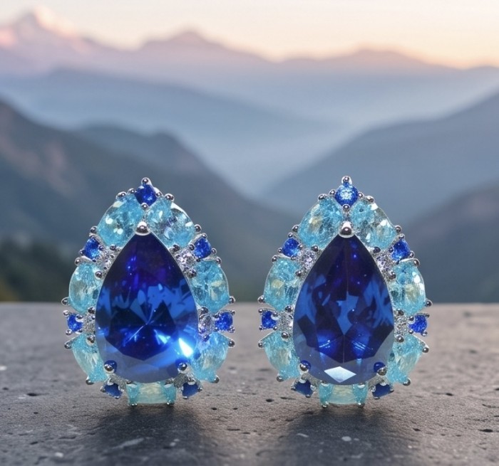 Forget-me-not 7.4 carat London Blue Topaz rhodium over .925 Sterling Silver handmade earrings - Close-up of forget-me-not earrings with blue topaz stones.