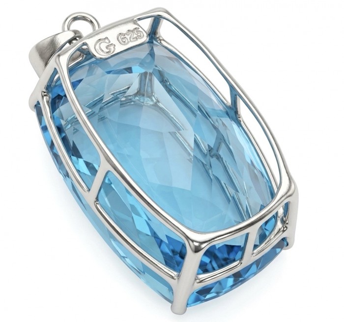 Tiffany Incredible baquette cut 32.4 carat Swiss Blue Topaz rhodium over .925 Sterling Silver handcrafted pendant - Close-up of Tiffany 32.4 carat Swiss Blue Topaz pendant in silver setting.