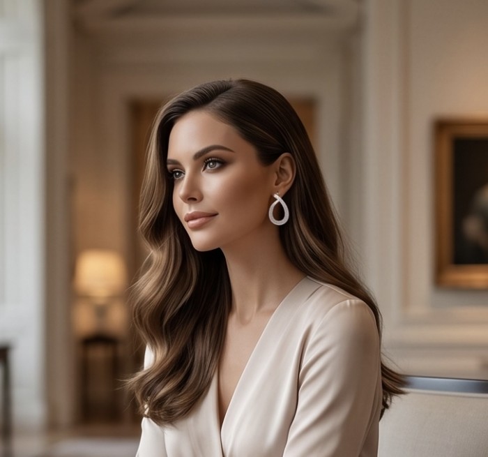 Art Deco Natural 6.5 carat White Topaz rhodium over .925 Sterling Silver handcrafted earrings - Side view of model wearing Art Deco White Topaz 6.5 carat earrings.