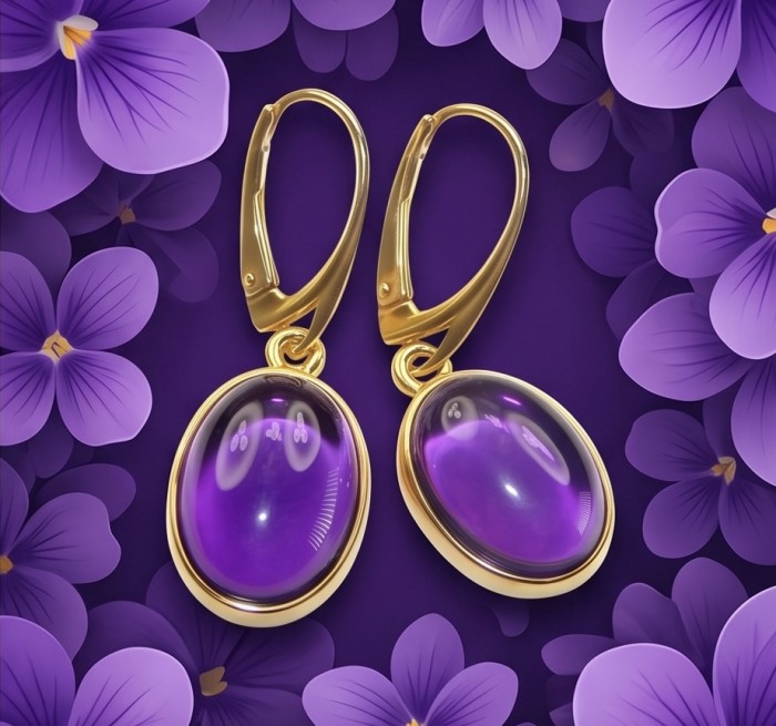 Lavender Beauty authentic 18.2 carat Amethyst 14K Gold over .925 Sterling Silver handcrafted earrings - Amethyst gold earrings with purple floral background, side view close-up.