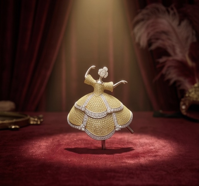 Ballerina - Precious pave 4.9 carat Moissanite 18K Gold rhodium over .925 Sterling Silver handmade Pendant - Brooch - Ballerina brooch front view, 18K gold and moissanite, on velvet backdrop.