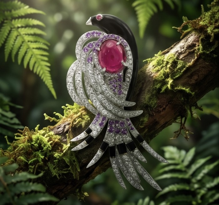 Phoenix Natural 14.8 carat Ruby Rhodium over .925 Sterling Silver handcrafted Brooch - Phoenix brooch with ruby and diamonds on mossy branch, front view