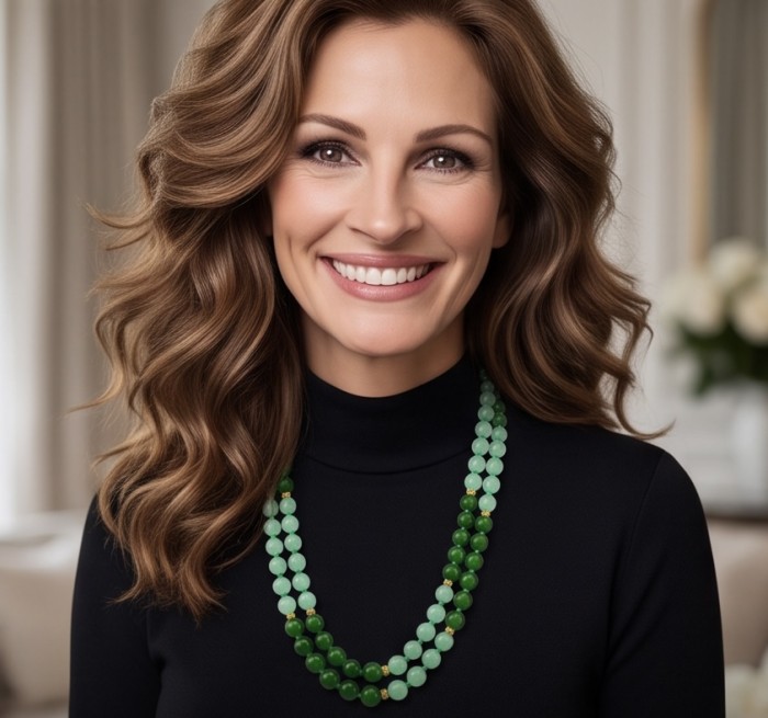 One of the kind Green Jade 14K Gold over Sterling Silver Sterling Silver necklace - Woman wearing green jade necklace with gold accents, front view.