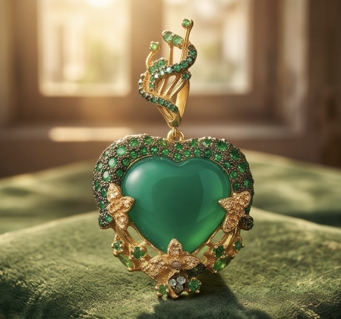 Power of Nature Unique 27.5 CARAT Green Jade 1.8 carat pave Emerald 18K Gold over .925 Sterling Silver handcrafted pendant - Close-up of heart-shaped green jade pendant with gold and gems.