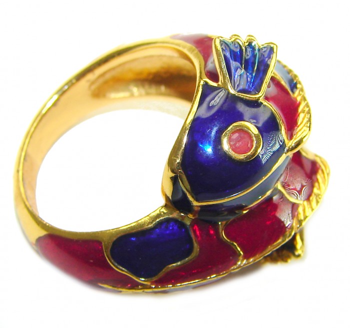 Two Fishes Enamel Ruby 18K Gold over .925 Sterling Silver Huge handcrafted Ring s. 6 3/4 - photo 1